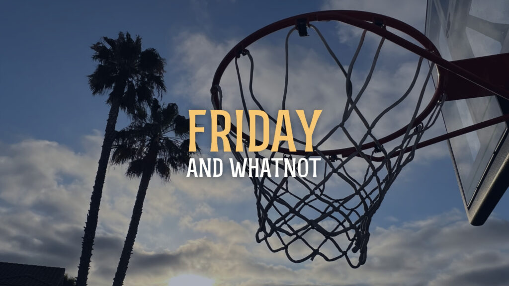 Friday and whatnot basketball hoop with a palm tree San Diego sunset